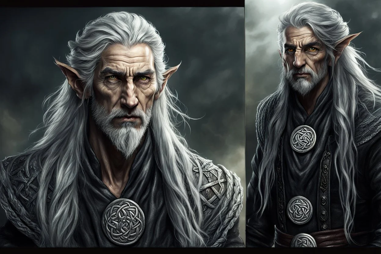 ancient grizzled, gnarled elf vagabond wanderer, long, grey hair streaked with black, highly detailed facial features, sharp cheekbones. His eyes are black. He wears weathered roughspun Celtic clothes, emaciated and tall, with pale skin, full body , thigh high leather boots and has a dark malevolent aura within swirling maelstrom of ethereal chaos in the comic book style of Bill Sienkiewicz and Jean Giraud Moebius in ink wash and watercolor, realistic dramatic natural lighting