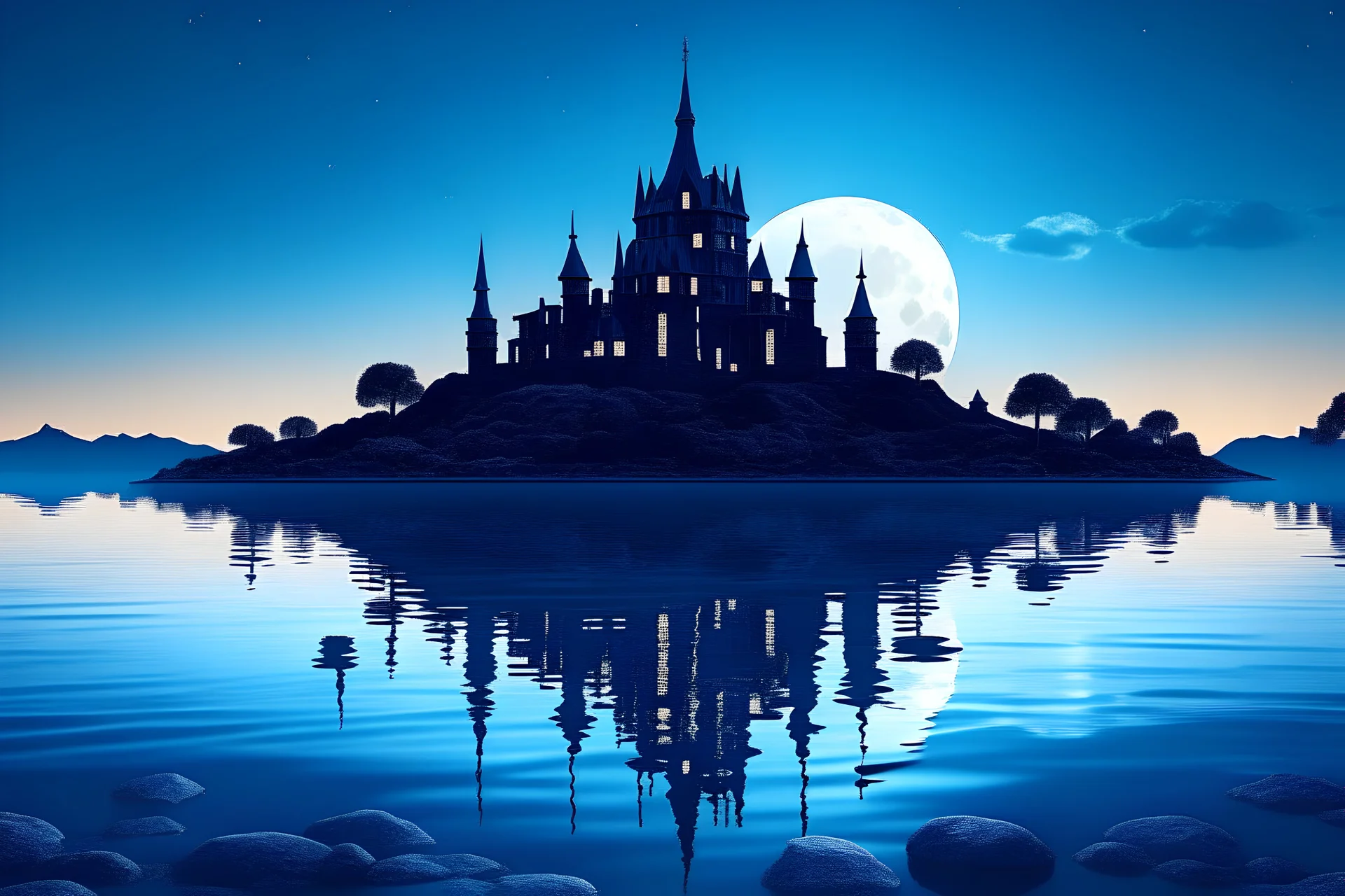 realistic lost castle in the middle of a lake seen from shore with full moon in background at night