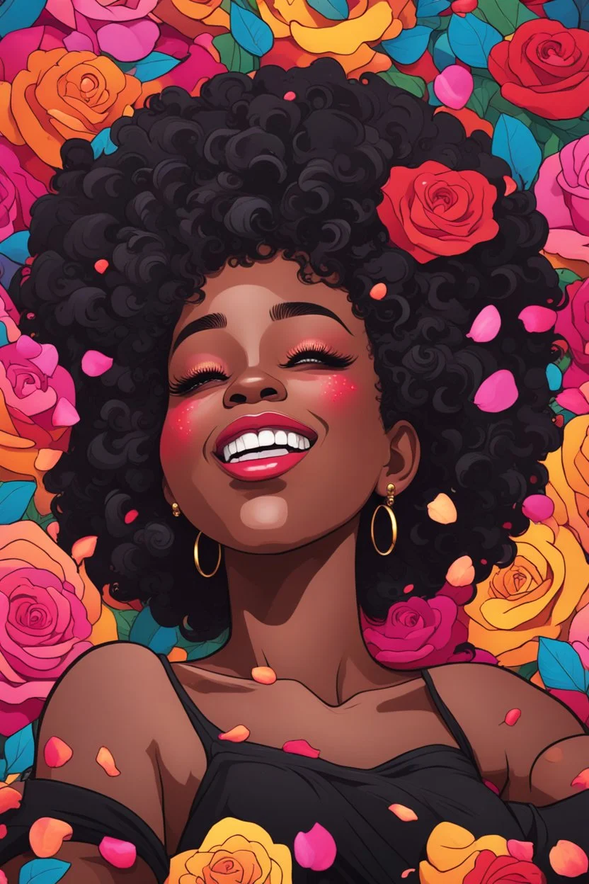 A sassy pop punk art cartoon of a black female lounging lazily on her side, surrounded by colorful roses flower petals. Looking up coyly, she grins widely, showing teeth. Highly detailed black afro , regal expression.