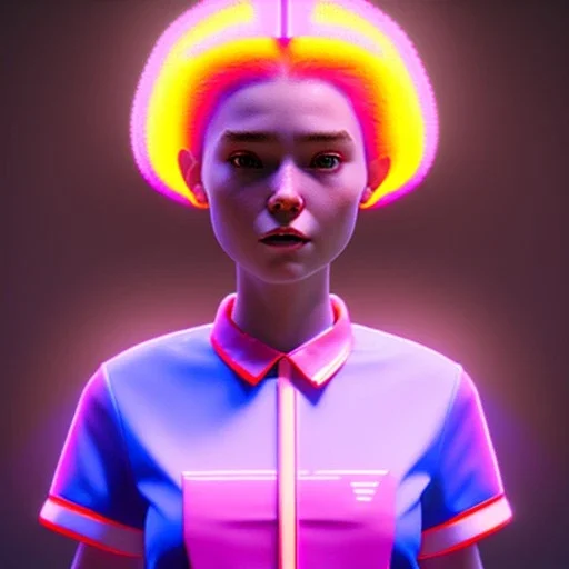 waitress teenager, rounded face, pink hair, color cheeks, striped shirt, neon ambient light, vibrant color, pop style, highly detailed, art stations, concept art, smooth, unreal engine 5, god rays, ray tracing, RTX, lumen lighting, ultra detail, volumetric lighting, 3d, finely drawn, high definition, high resolution.