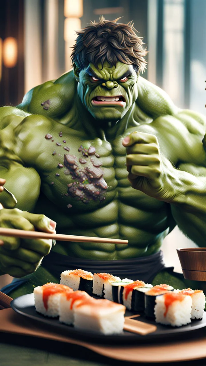 a hulk eating sushi with chopsticks, photo, 8K UHD, police