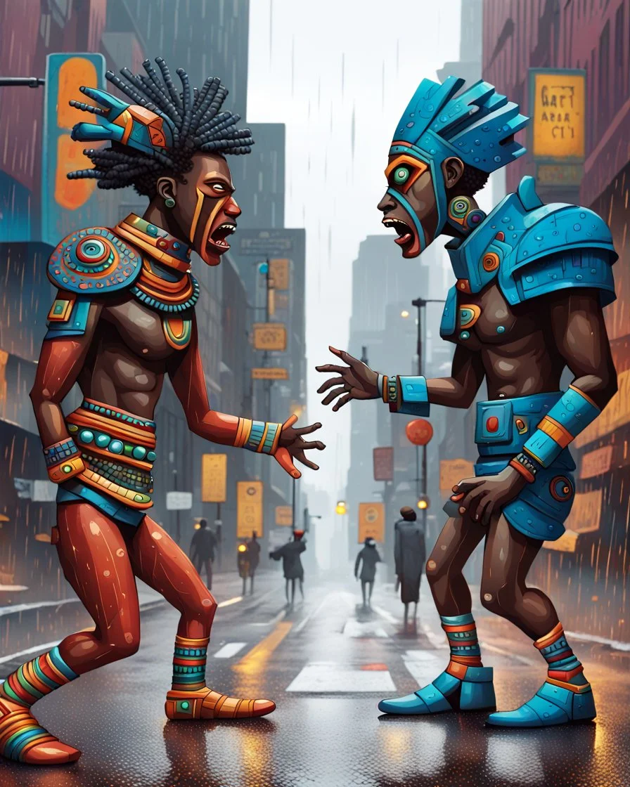 two arafed persons arguing in middle of street, yikes art, afrofuturism, arafed angularity, art cracking the road, angular aztec vibe, whimsical arafed nonsense, patchwork vibe, (((side view))) two arafed cyberlords fighting each other in a rainy whimsical downtown street with extreme body action and with (((exaggerated body parts))), (((oversize head))), sharp color contrasts, amazing shadows, (((exaggerated limbs and head))), minimal cozy, warm palette, bright bold warm summer colors