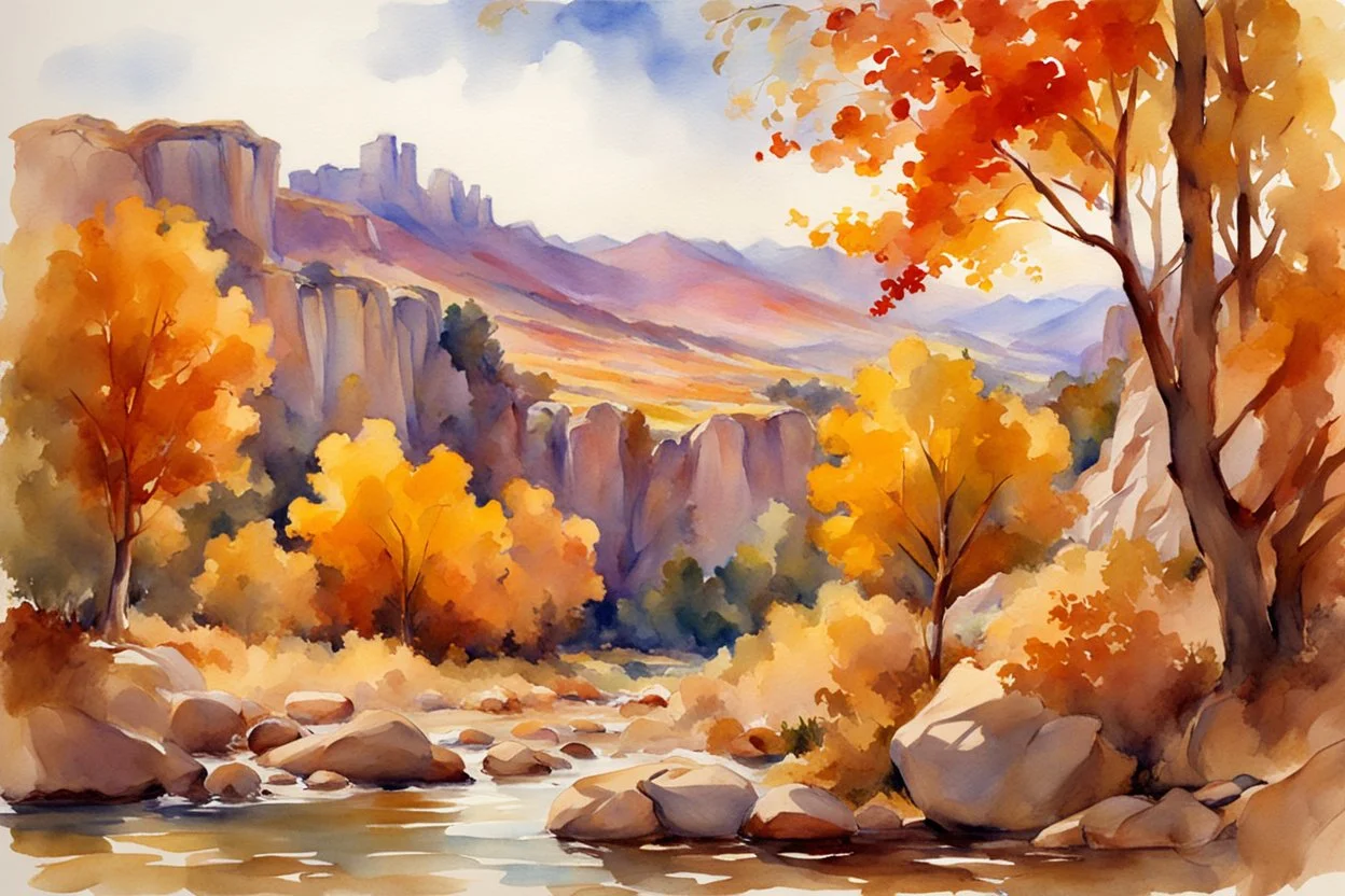 Sunny day, autumn trees, rocks, fantasy, mountains, epic, john singer sargent watercolor paintings