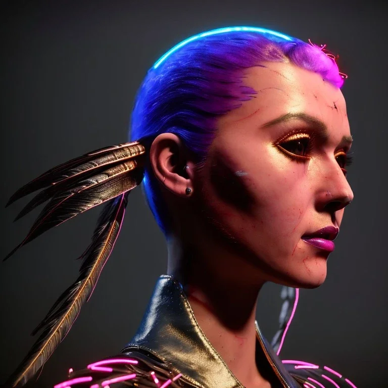 pretty cyber woman, leather, cables, purpurin, blood, black, gold, brown, decorative color feathers, simétrico, circuits, neon style, a lot of led lights, fog, rain, vibrant color, highly detailed, art stations, concept art, smooth, unreal engine 5, god rays, ray tracing, RTX, lumen lighting, ultra detail, volumetric lighting, 3d, finely drawn, high definition, high resolution.