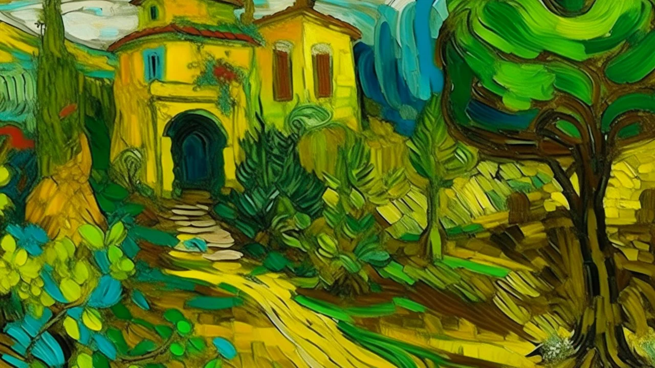 A yellow jungle with a mysterious ruins painted by Vincent van Gogh