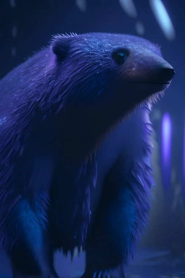 beaver grizzly bear mink anteater vicuna mynah bird,4k, moody cinematic lighting, realistic, highly detailed, blade runner style, blue and purple, highly detailed, conceptual art, volumetric, octane render, unreal engine,