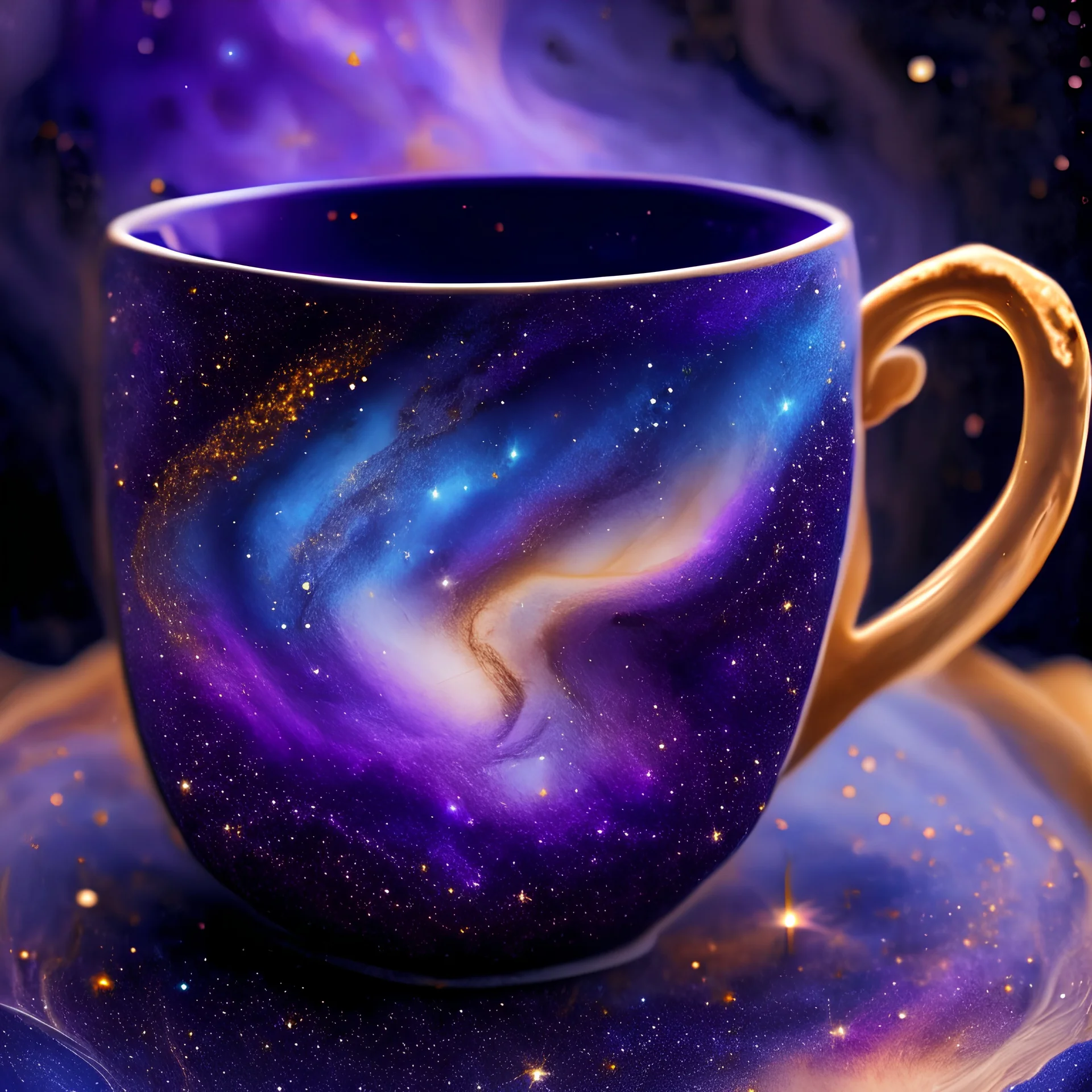 A mystical universe on a coffee cup reveals a celestial landscape, with swirling galaxies, shimmering stars, and ethereal nebulas. The colors are deep and rich, with a cosmic palette of purples, blues, and golds. The cup is captured in a style inspired by astrophotography, with a long exposure technique to capture the faint glow of distant stars. The image has a sense of awe and wonder, with a touch of cosmic mystery.