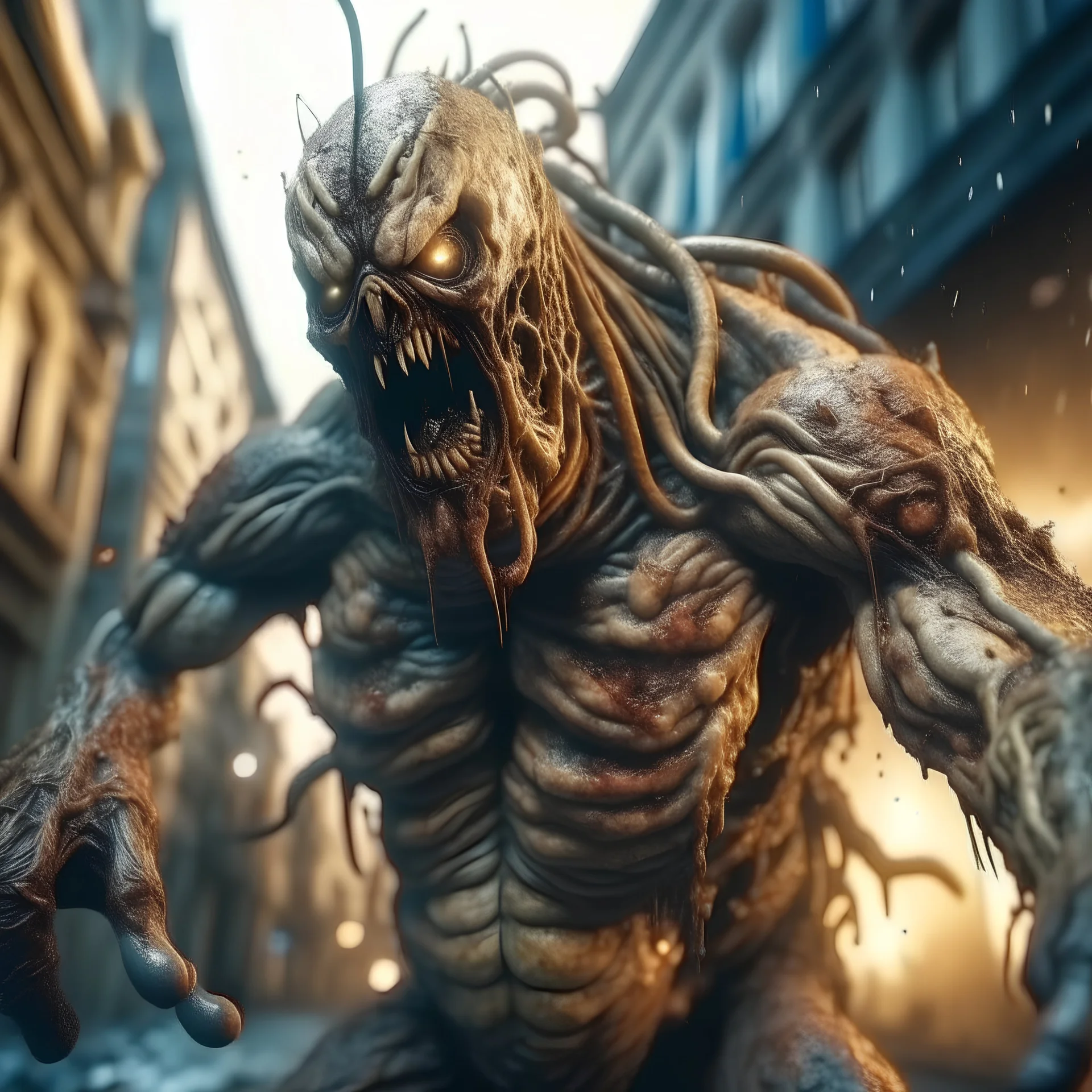 Extreme grandiose and cinematic photo in realistic colors (sparks around) ((Rare parasite creature Holding a membranous cocoon)) dirty realistic metal ragged clothes, dynamic pose and expression, in the city ally of ancient tales, high lighting, intricate, 8k, macro photography,