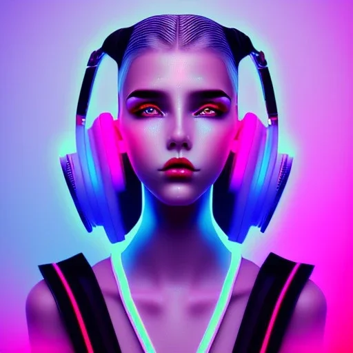 woman teenager, headphones, retro futuristic, shaved hair, latex, gradient color, BLUE, PINK, CYAN, neon, insanely detailed, 16k resolution, perfect eyes, cinematic smooth, intricate detail