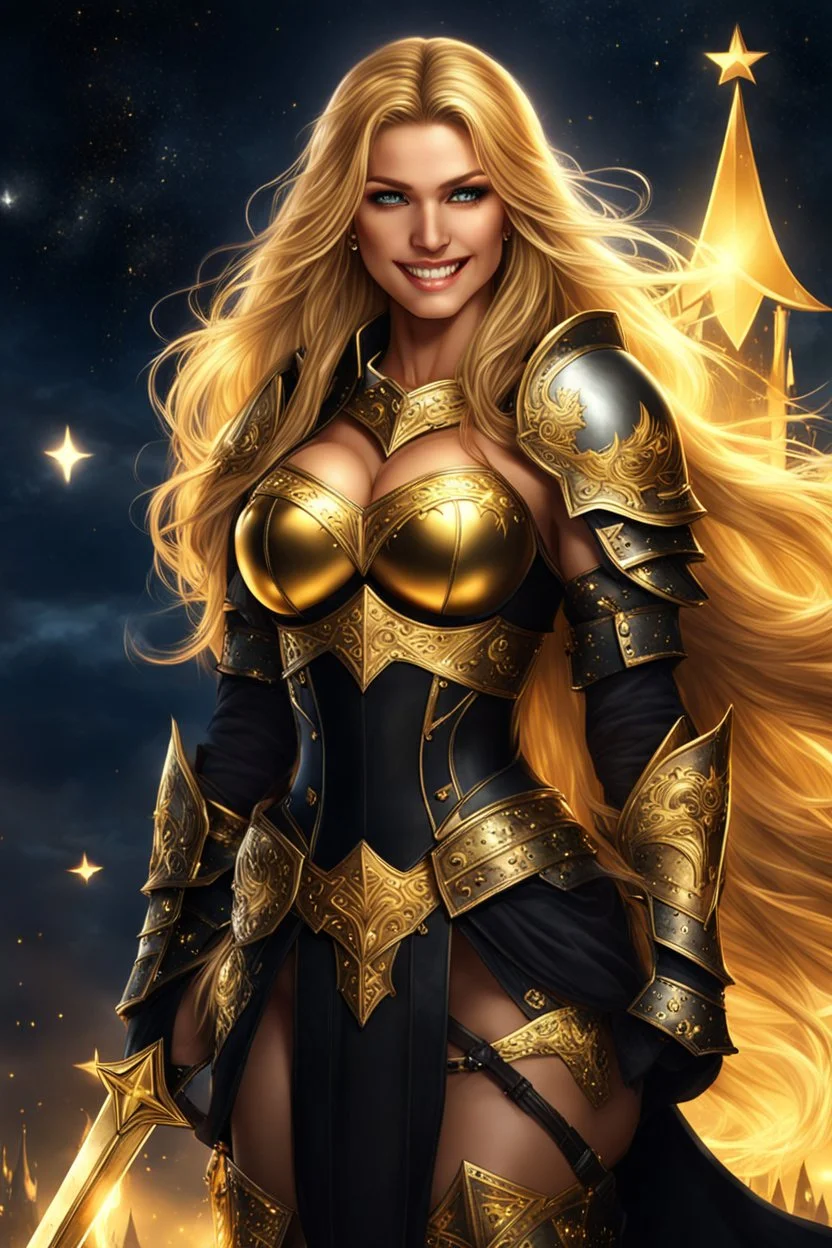 SUPER PRETTY GIRL, DRESSED WITH A BLACK-GOLD SMALL ARMOUR, GOLDEN LONG HAIRED, GOLDEN EYES, GREATH SMILE, BIG BUBS, NICE BODY, STAY ON DARKNESS CASTLE, STARS SKY, MOON, LEGENDARY WARRIOR, POWERED GIRL, A GOLDEN GLOW AROUND HER BODY.