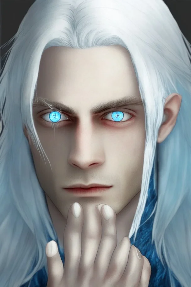 Realistic young man, long white hair covering one eye, blue eye, has rings on his hand, pale skin, slim bit fit