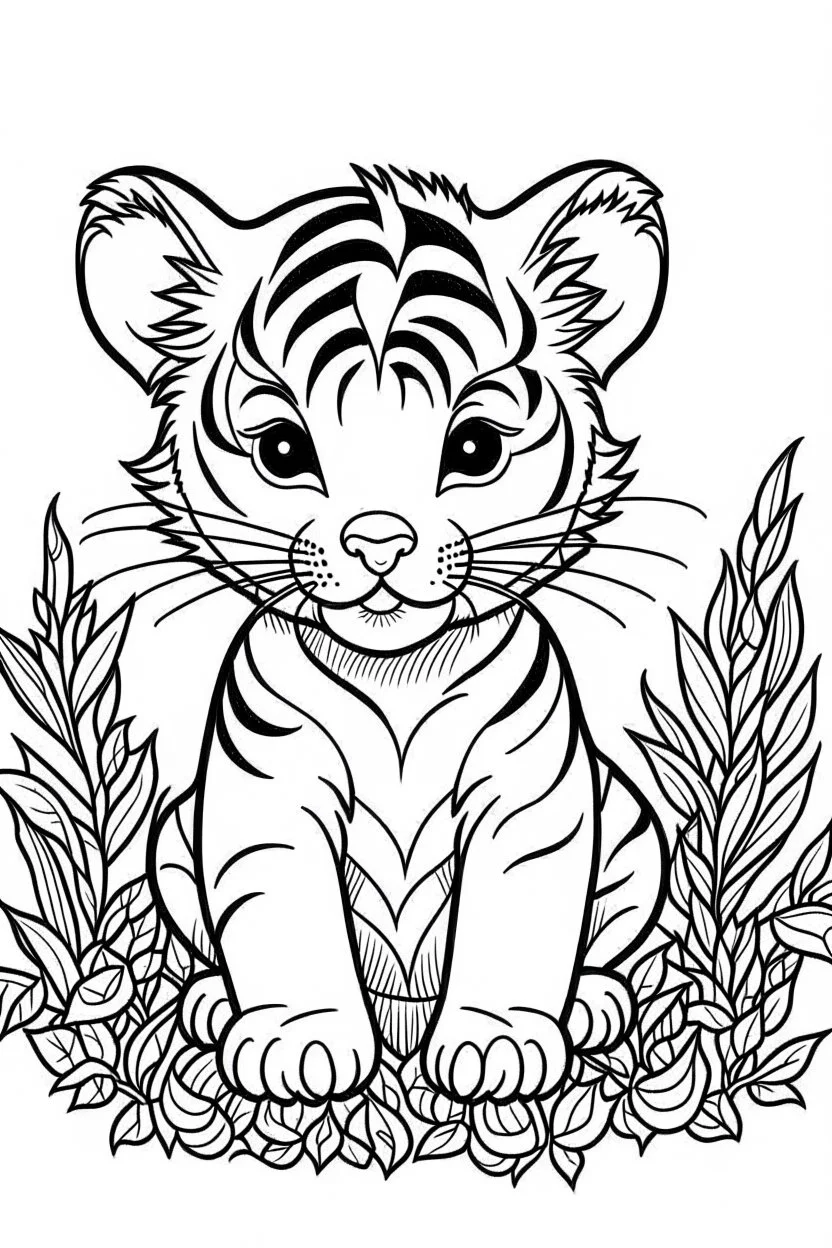 cute coloring page, sketch style, cute baby tiger in the jungle, cute cartoon, white and black, withe background, no shadows, outline.