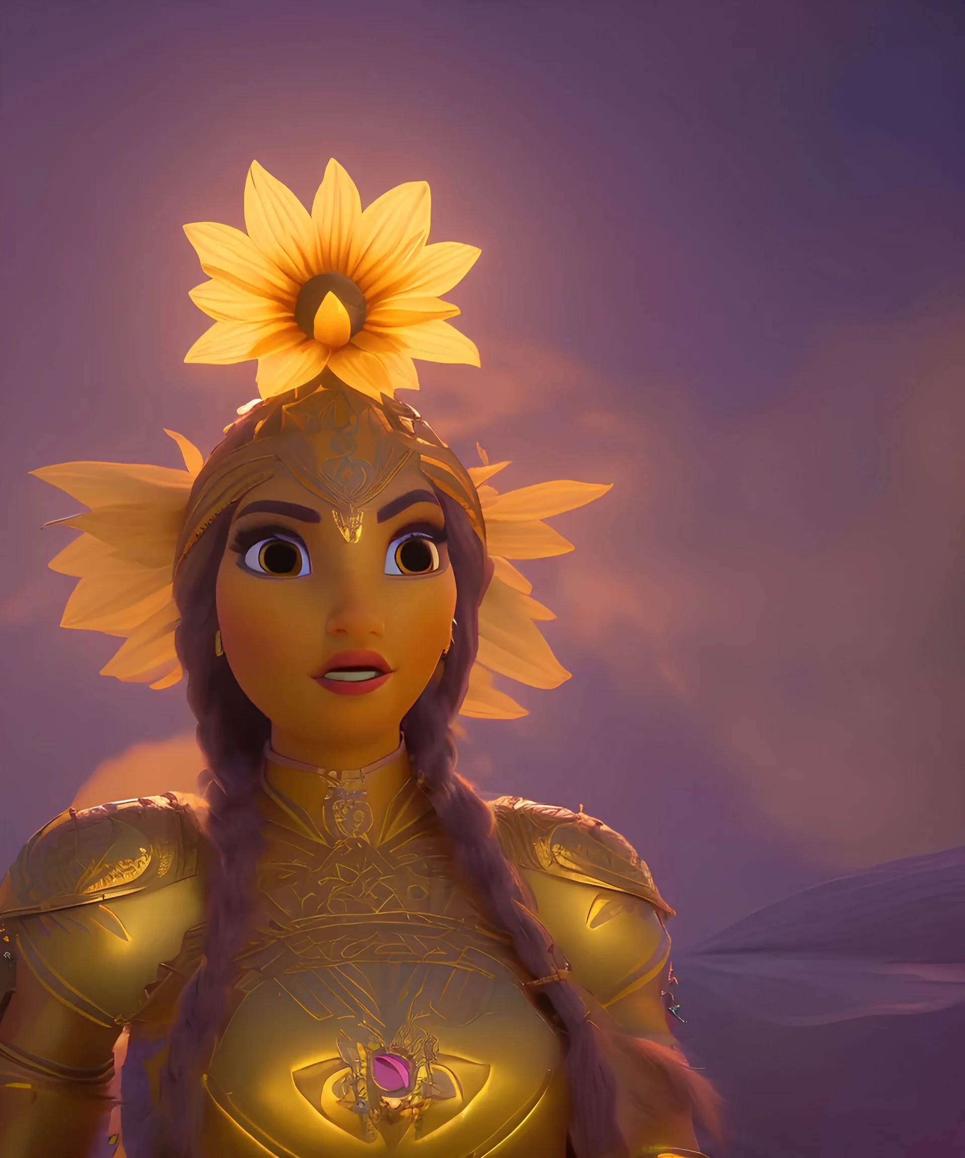 wide angle shot of the sunflower queen, yellow armor with emissive energy flowing in the chest, mystical geometric patterned textures, intricate, highly detailed