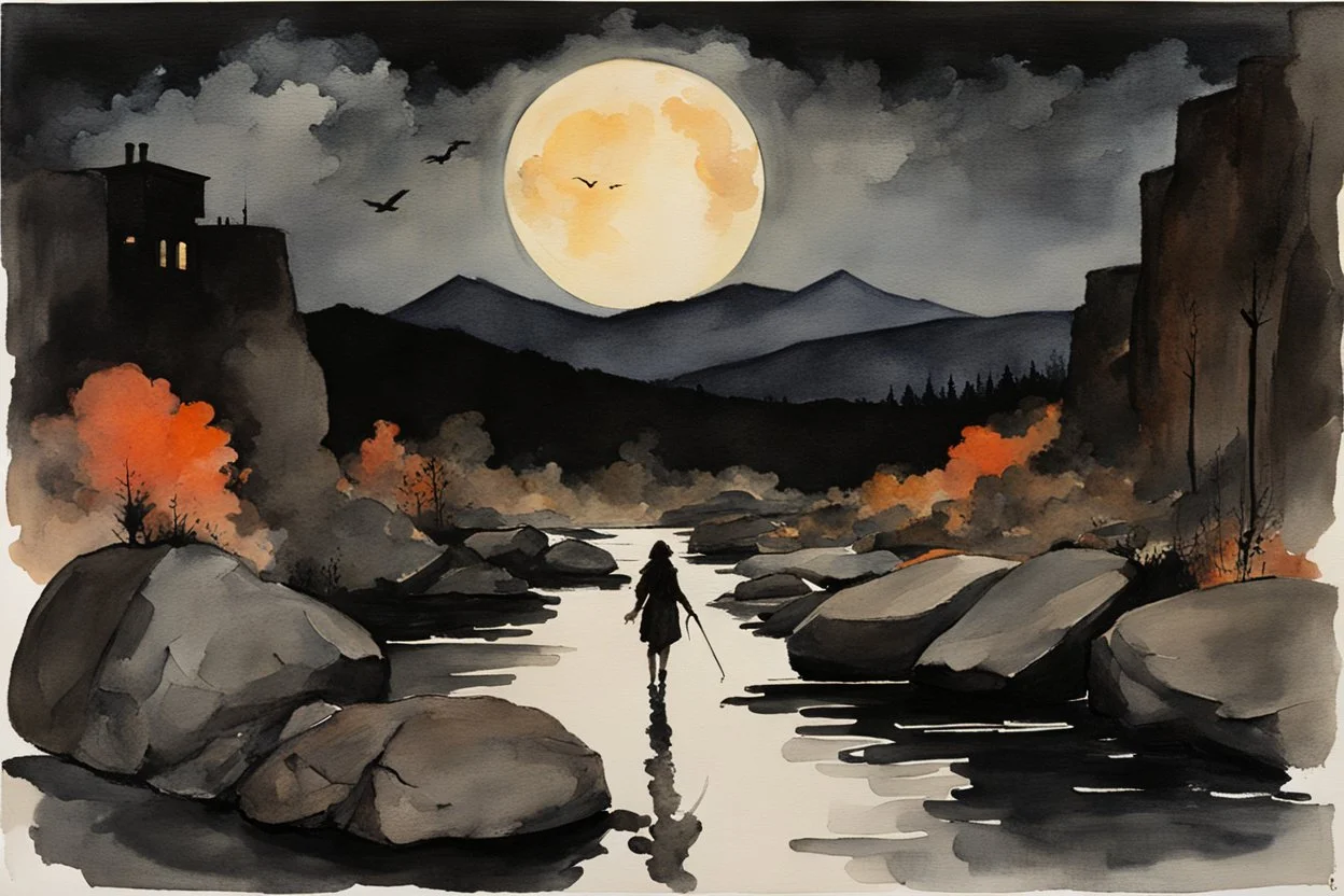 Night, mountains, rocks, gothic horror films influence, winslow homer watercolor paintings