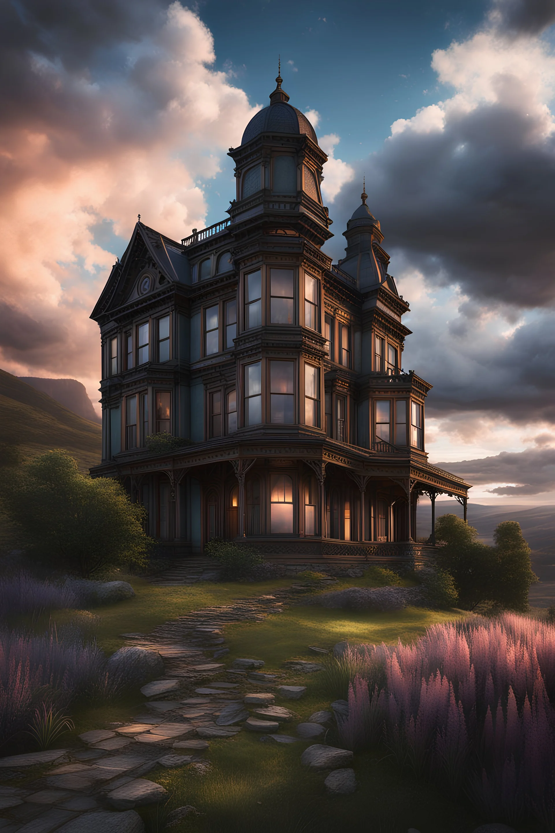 Old Victorian architecture in a Victorian valley, dramatic sky, cloudy sky, digital art, 4k, 8k, trending on ArtStation