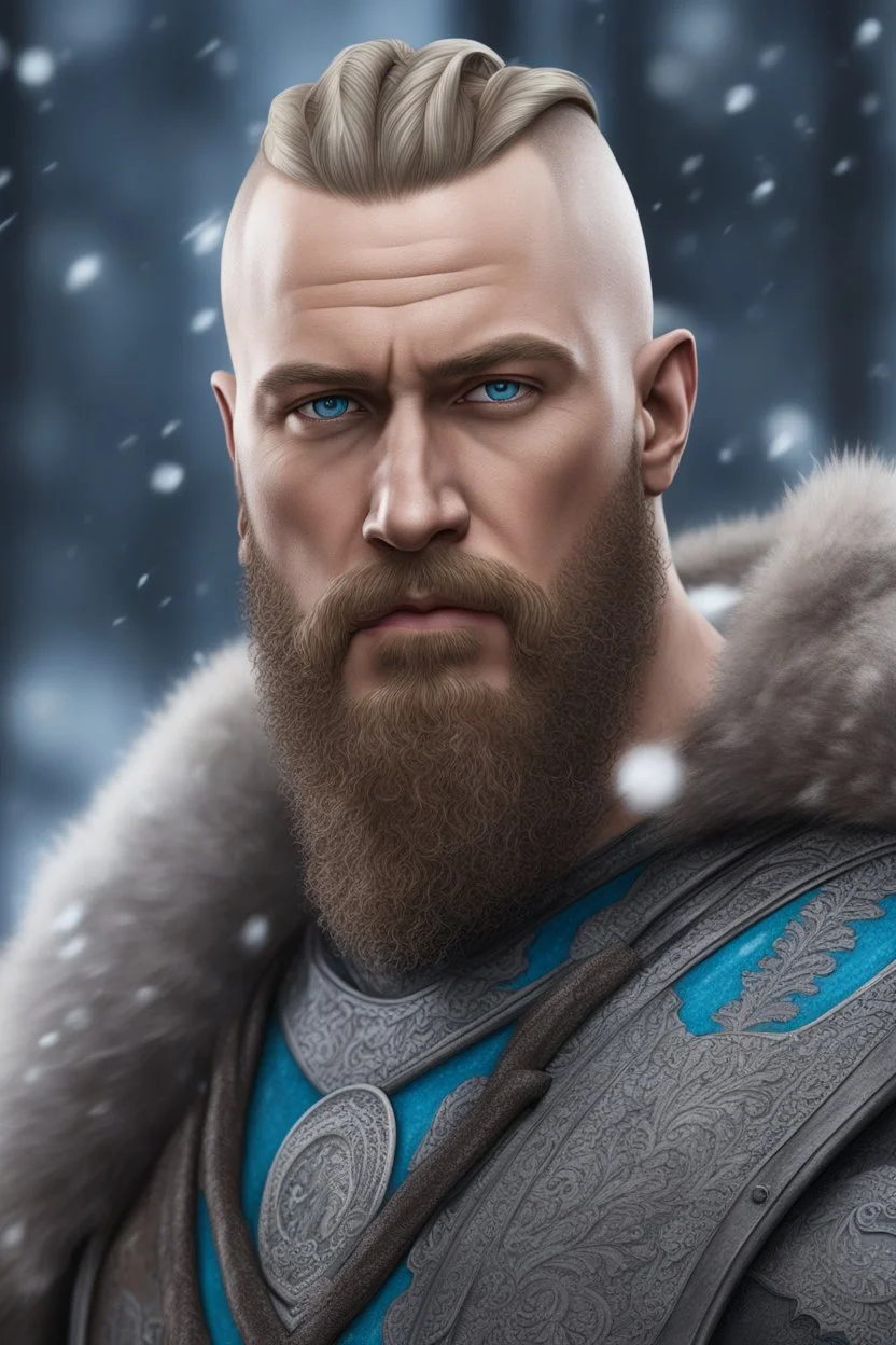 Ragnar Lothbrok in 8k cartoon realistic artstyle, blue eyes, Bald, big beard, tattoos, winter, close picture, highly detailed, high details, detailed portrait, masterpiece,ultra detailed, ultra quality