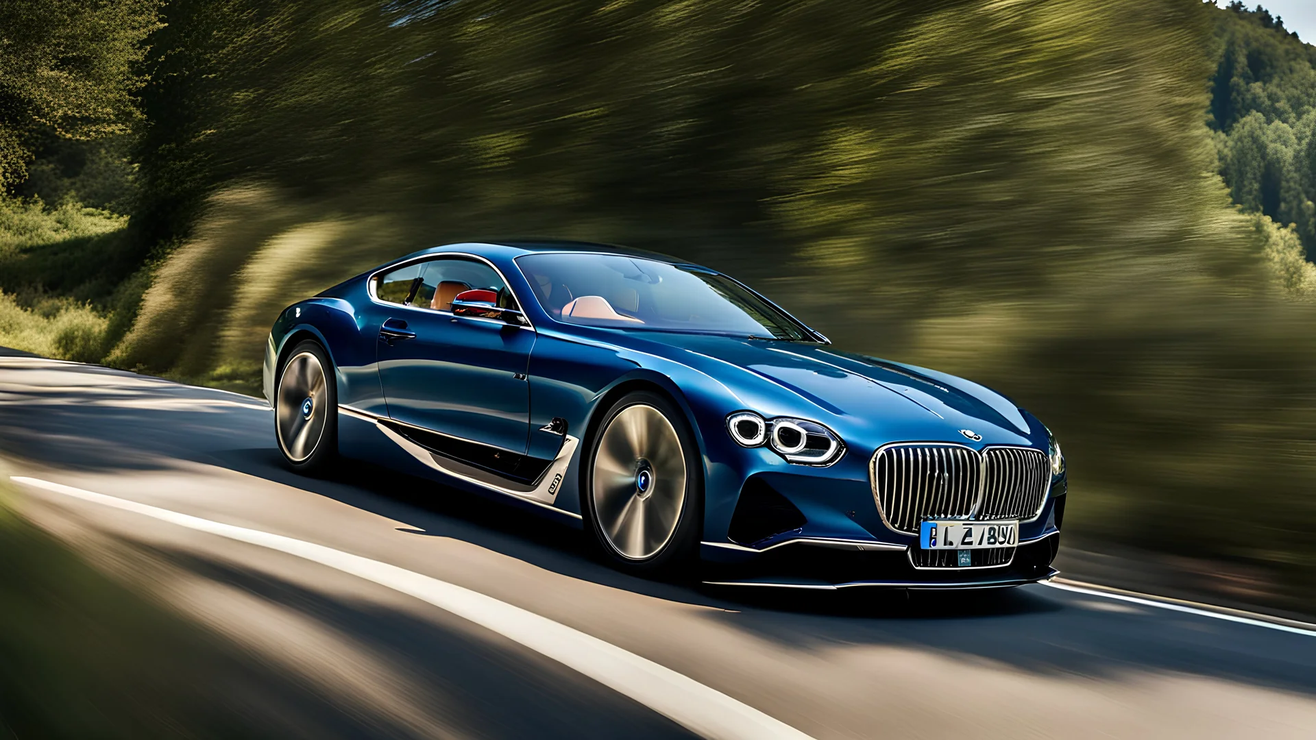 A sleek with livery (((bmw bentley))), its contours and details perfectly captured in a (((cinematic view))), zipping along a winding road under a beautiful blue fresh morning sky