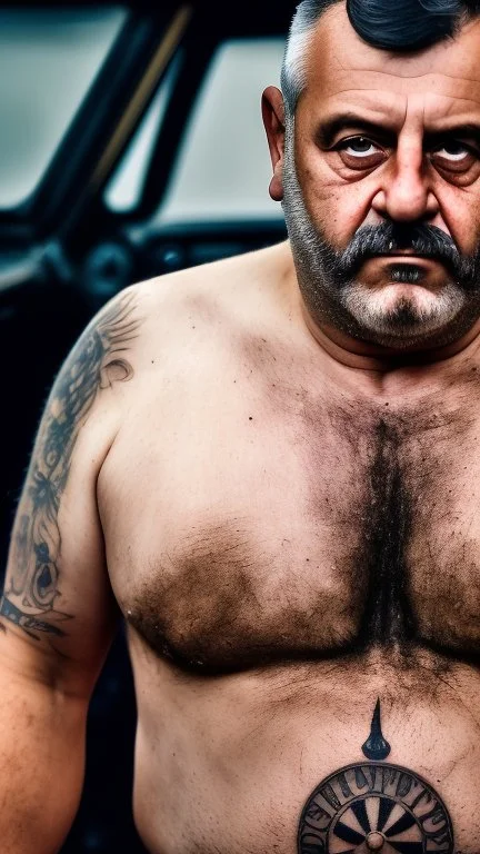 close up photography of a strong serious 50 years old chubby italian car mechanics man in dirty overalls and tank top, repairing a car, stand up near a car, tattoo, bulge, short beard, in a dirty street, dirty and ugly, bullneck, manly chest, in tank top, emotive eyes, sunlight, photorealism , ultra defined , photorealistic