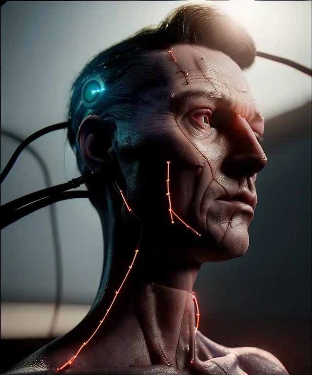 Ultra realistic photographic night portrait, cinematic, naked, shaved < strong man> <hanging wires> many wires coming out of the head <perfect pupil> <cyborg> <garage> <body view> <sci-fi futuristic> <thriller>, fog, soft color, highly detailed, unreal engine 5, ray tracing, RTX, lumen lighting, ultra detail, volumetric lighting, high definition.