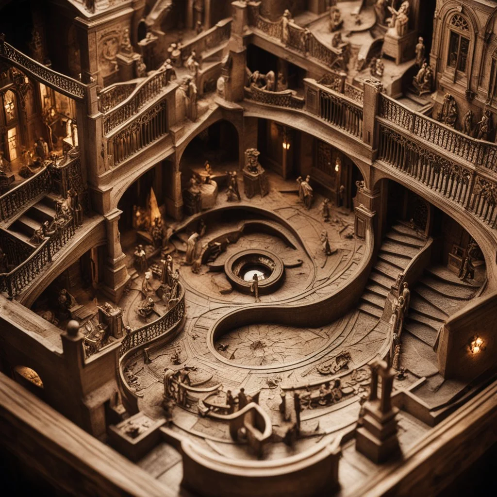 Close-up photography of interior inspired by Maurits Cornelis Escher full of odd impassive smerping people, George Grosz, Yves Tanguy, lost souls in hell, beasts, hypermaximalist, truly surreal place, tilt-shift, bodies, sundial light, hypnotic Hieronymus Bosch, nightmare, intricate, inferno