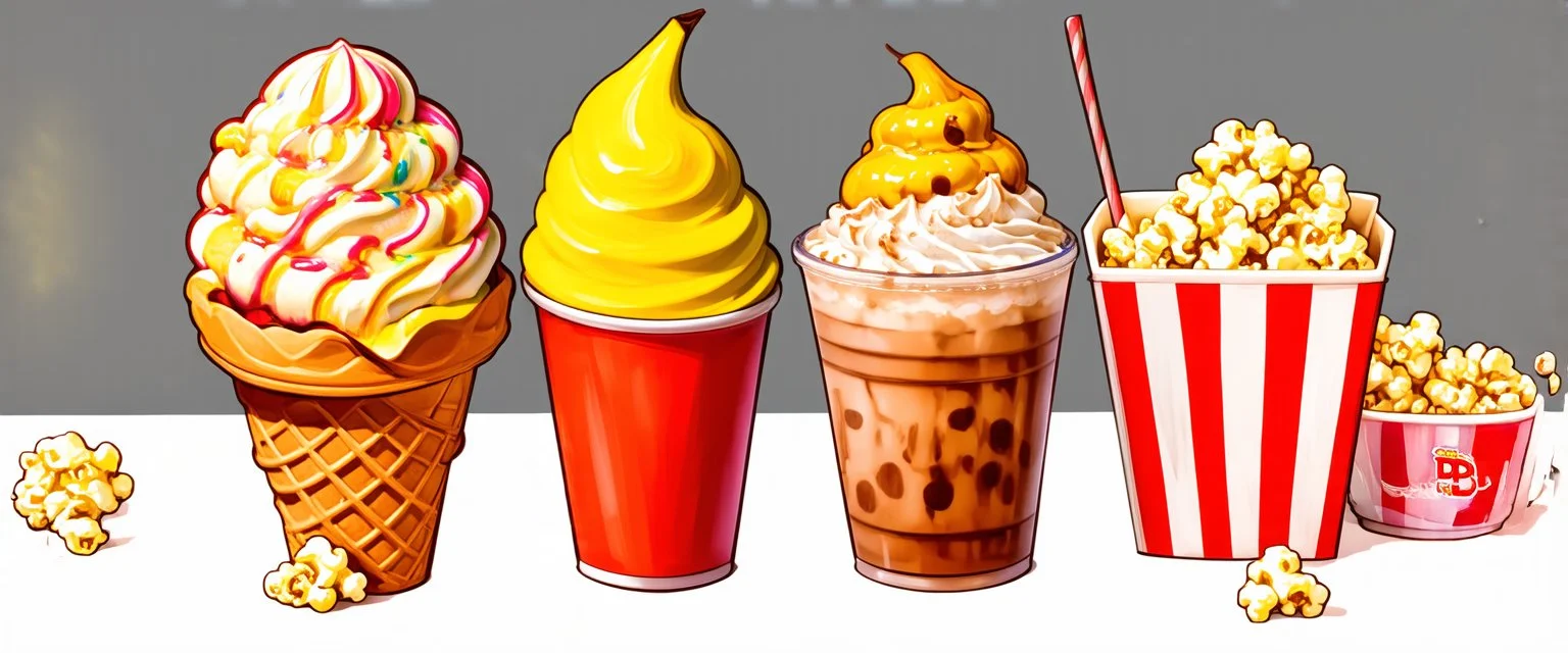 ice cream cones, dole-whip cones, a sundae, striped bag of popcorn, iced coffee drink with whipped topping. whimsical and delightful, digital painting on white