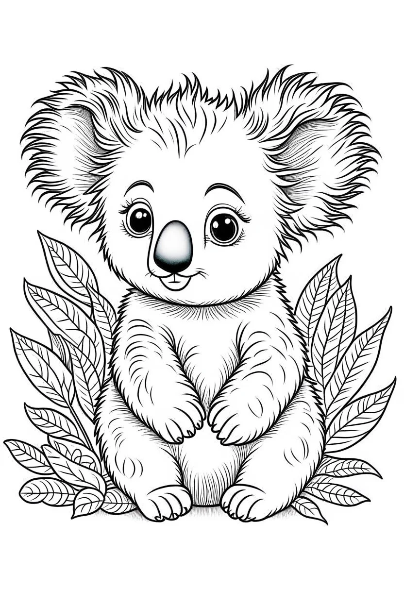 cute coloring page, sketch style, cute baby koala in the jungle, cute cartoon, white and black, withe background, no shadows, outline.