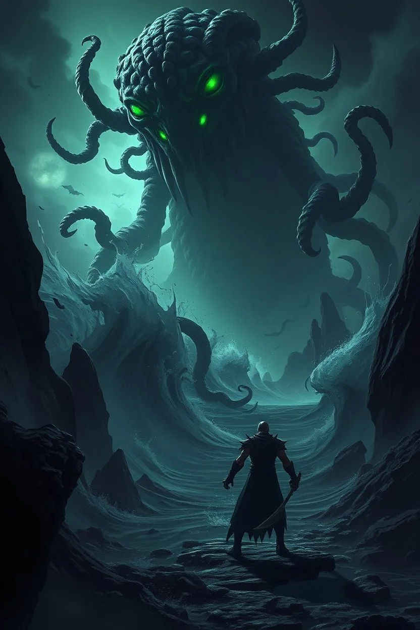 Create image depicts a dark, bdystopian landscape engulfed by a colossal, entity rising from a chaotic sea. The massive creature, with glowing green eyes and numerous tentacles, looms menacingly over the scene, creating an apocalyptic atmosphere. Its many sharp claws and writhing tendrils emerge from the ocean, symbolizing unstoppable destruction. In the foreground, a humanoid figure stands defiantly amidst the chaos, appearing to battle the monstrous force. This figure is clad in alie