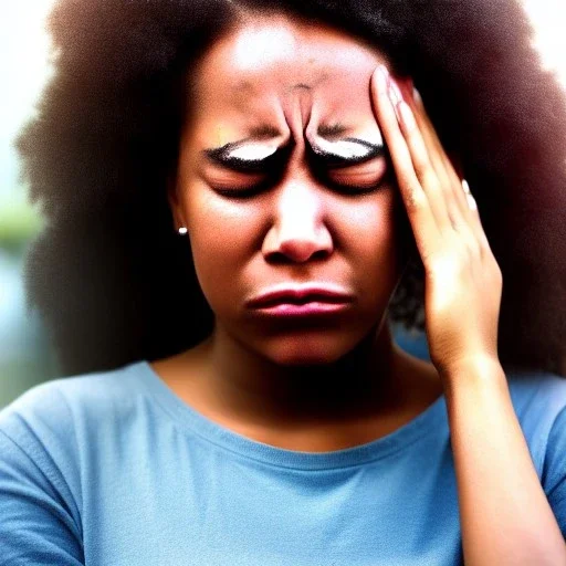 Portrait of a young black woman crying. Tears the colour of oil. Depression seeping out of her eyes nose and mouth like a oil spill