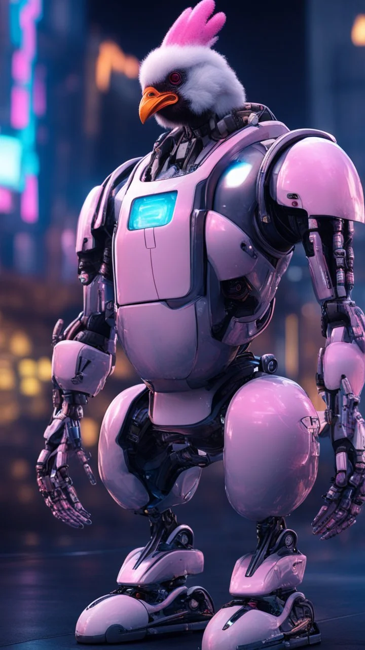 CHICKEN robot made of cotton candy, sci-fi, cyberpunk, full body, ultra realistic, virtual reality, cyberpunk city and colors