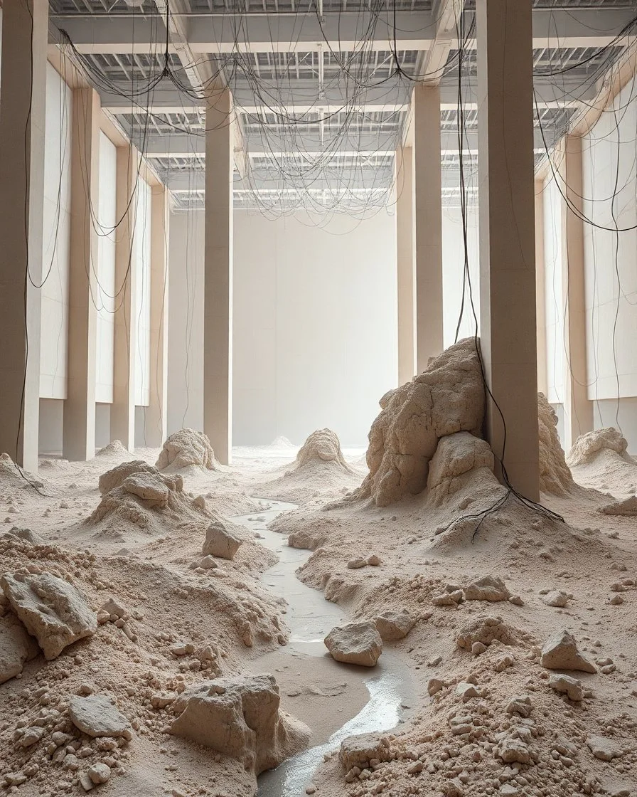 Photograph, a mass of wires, giant museum space, building, pillars, high walls, schermi di computer, high towers in a room, rag, powder, brook, sediments, deflagration of the background, geological formation, light, architecture, minimalist, details of the terrain very accentuated, 8k, deep 3d field, sharp, brutalist, hasselblad h6d400c --ar 85:128 --v 6.0
