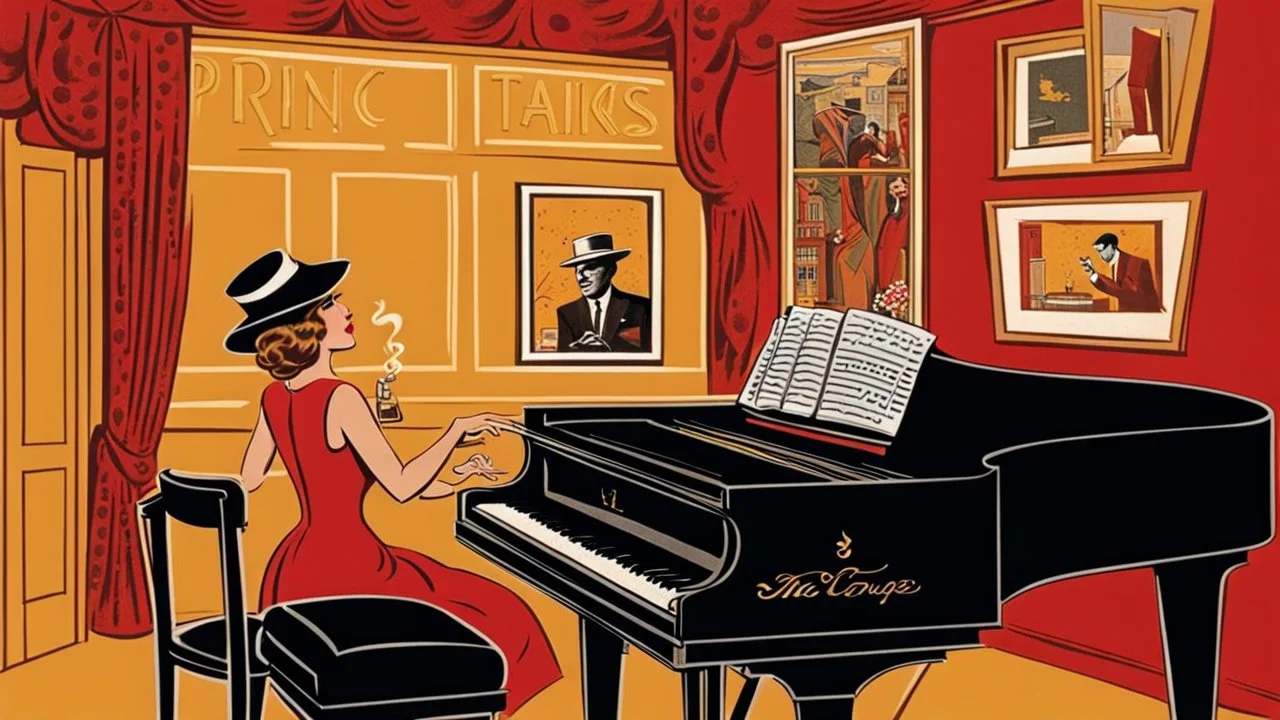 in a 1960s American jazz pub a man in hat and dark suit playing the piano , next to the piano standing and singing a beautiful woman in red dress . The atmosphere is warm happy and intimate, with soft, golden lights casting a glow over the wooden tables and chairs. Guests in retro attire enjoy their drinks and cigarette smoke gently swirls in the air. The intricate details and sharp focus , photorealistic