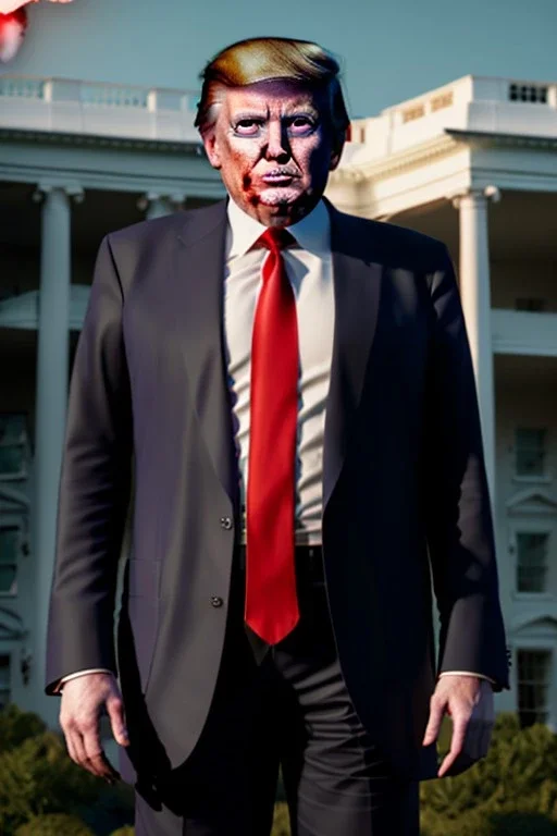 Ultra realistic image night, Donald trump zombie, suit, blood, torn arm, night, the walking dead style, dark ambient, highly detailed, White House background, concept art, unreal engine 5, ray tracing, RTX, ultra detail, volumetric lighting, high definition, high resolution.