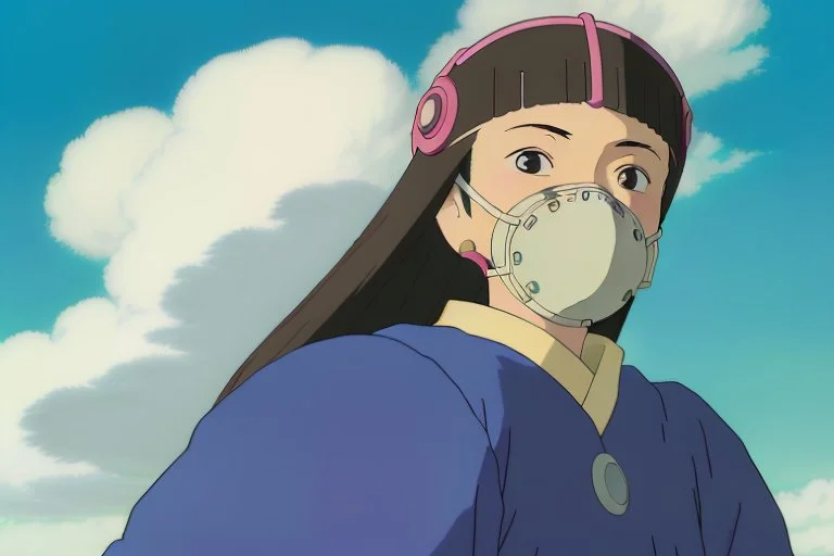 A compelling movie poster for 'Whispering Winds', depicting Yui wearing her respirator, gazing resolutely at the viewer. The reflection in her goggles shows the lush biodome against the contrasting bleak, smoggy cityscape. The tagline 'In the breath of nature lies our survival' is written at the bottom.