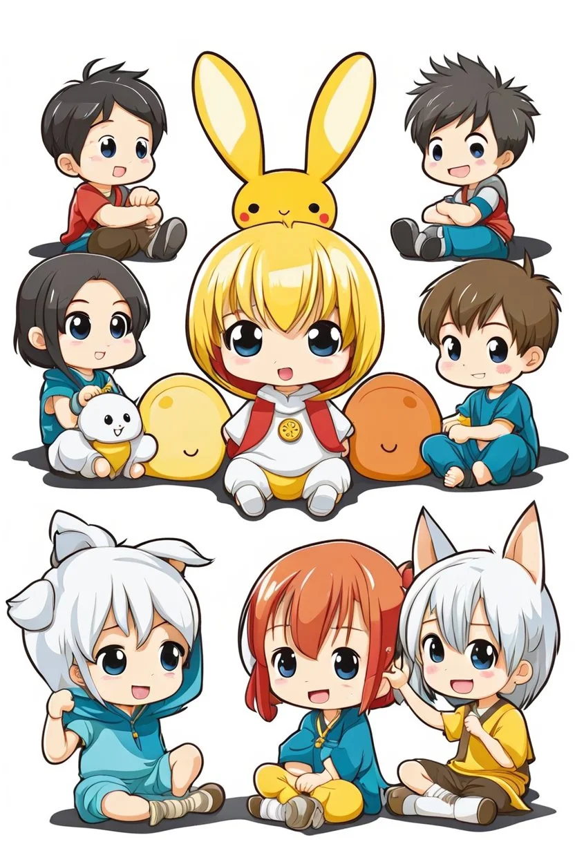 Adorable chibi five anime caracters happy group sitting on White Background, cartoon mood