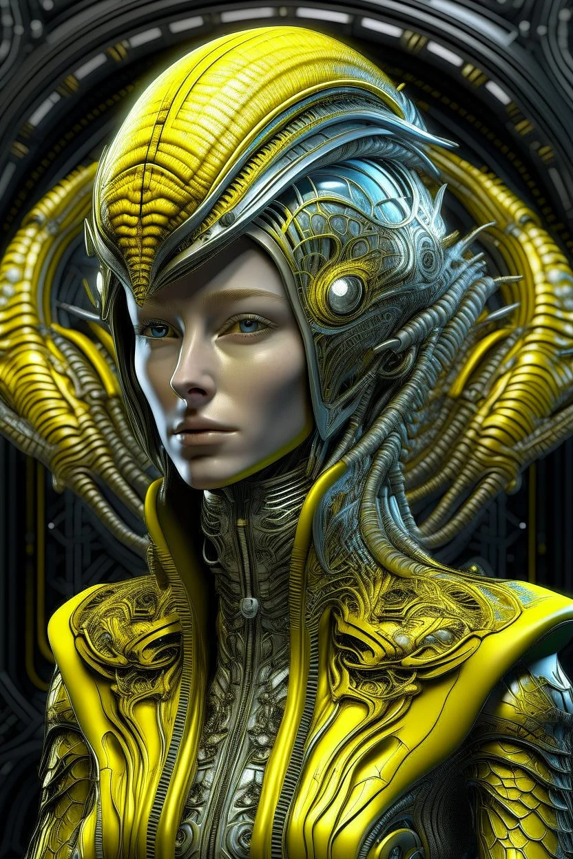 A beautiful alien wearing a bioluminescense yellow zafír biomechanical silver metallic diadem headress, wearing biomechanical amalgamation style leather jacket dress ribbed with silver floral metallic filigree biomechanical vantablack pattern, organic bio spinal ribbed detail of gothic winter backround extremely detailed maximalist hyperrealistic portrait art