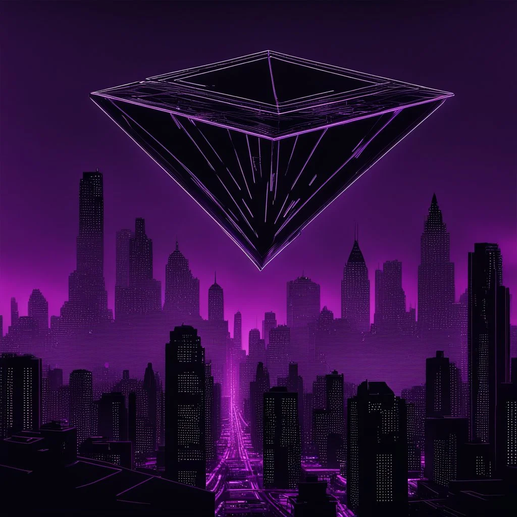 a large dark black ominous rhombus shaped structure with a neon purple outline floating high above a dystopian monochrome city