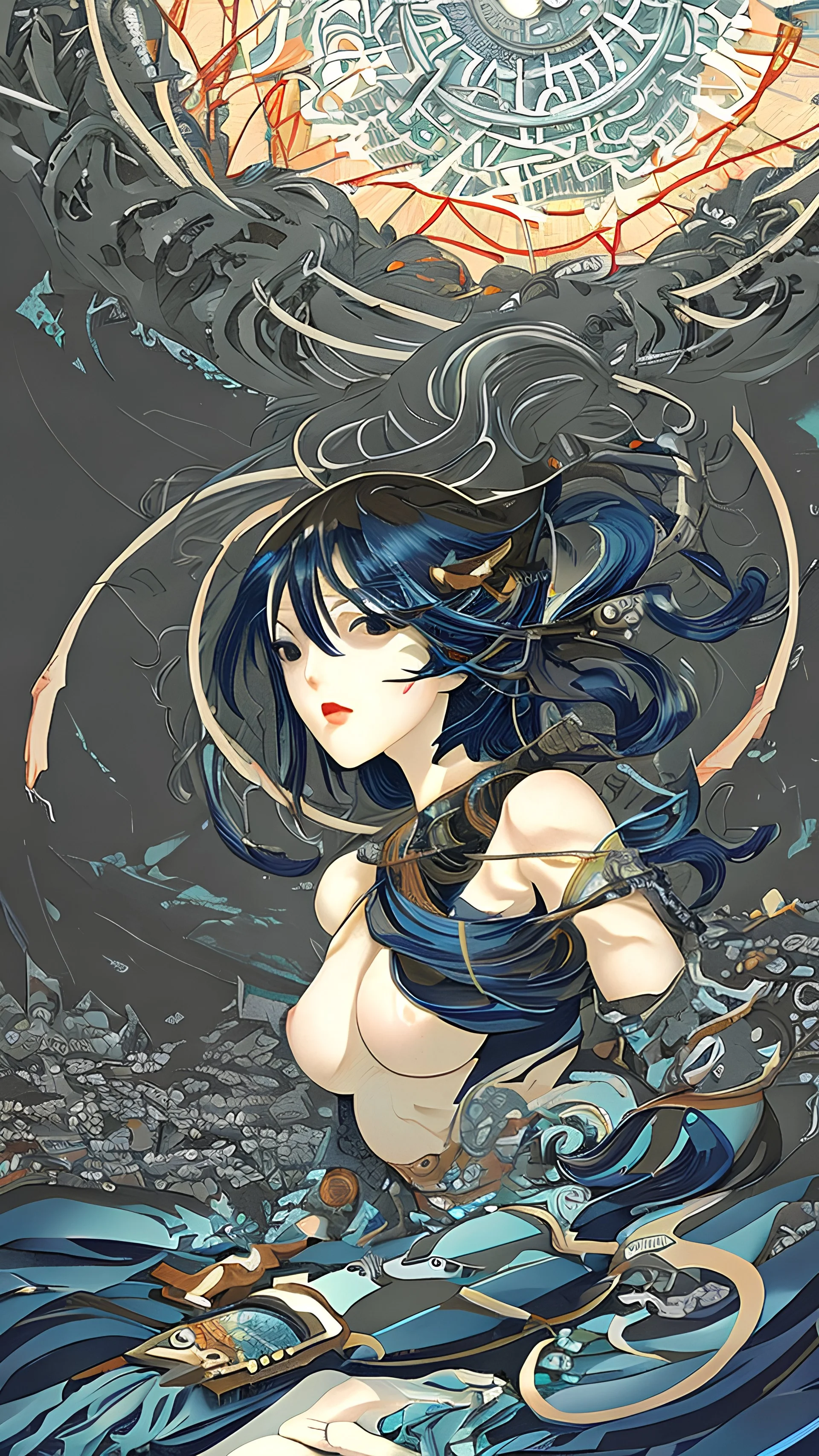 beautiful cyberpunk huge girl, hyperdetailed, illustration by Katsushika Hokusai, darkblue tones,