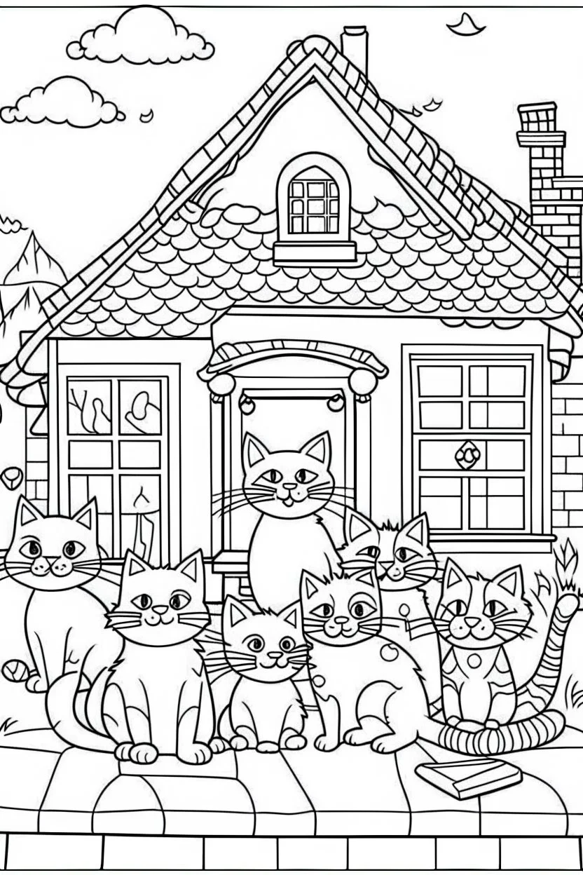 coloring page for kids, Cats in the house, cartoon style, thick lines, low detail, no shading