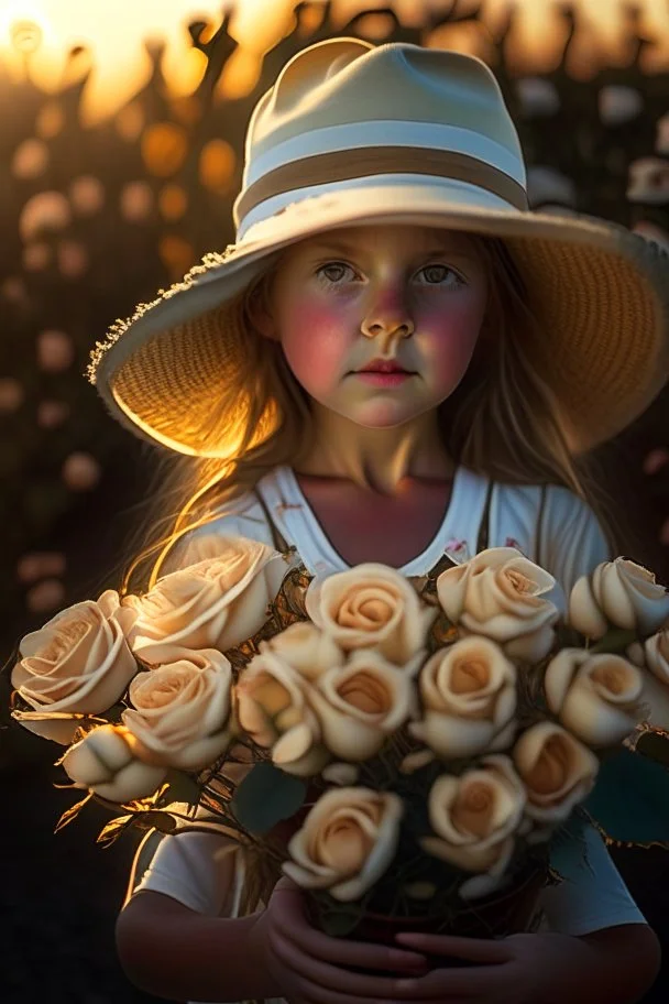 A little girl from Russia at the age of 7 years holds a lot of roses and puts them on her face, and she wears a white Bucket Hat, she puts the roses in front of her face, so her face does not appear, so her face does not appear,(Many Flowers: 1.2), Soft Light, Golden Hour, Upper Body, HDR, 8k, Natural Skin Texture, AO, Intricate, Highly Detailed, Sharp Focus, Crazy Detail, Intricate Detail, Highly Detailed ,The girl looked down