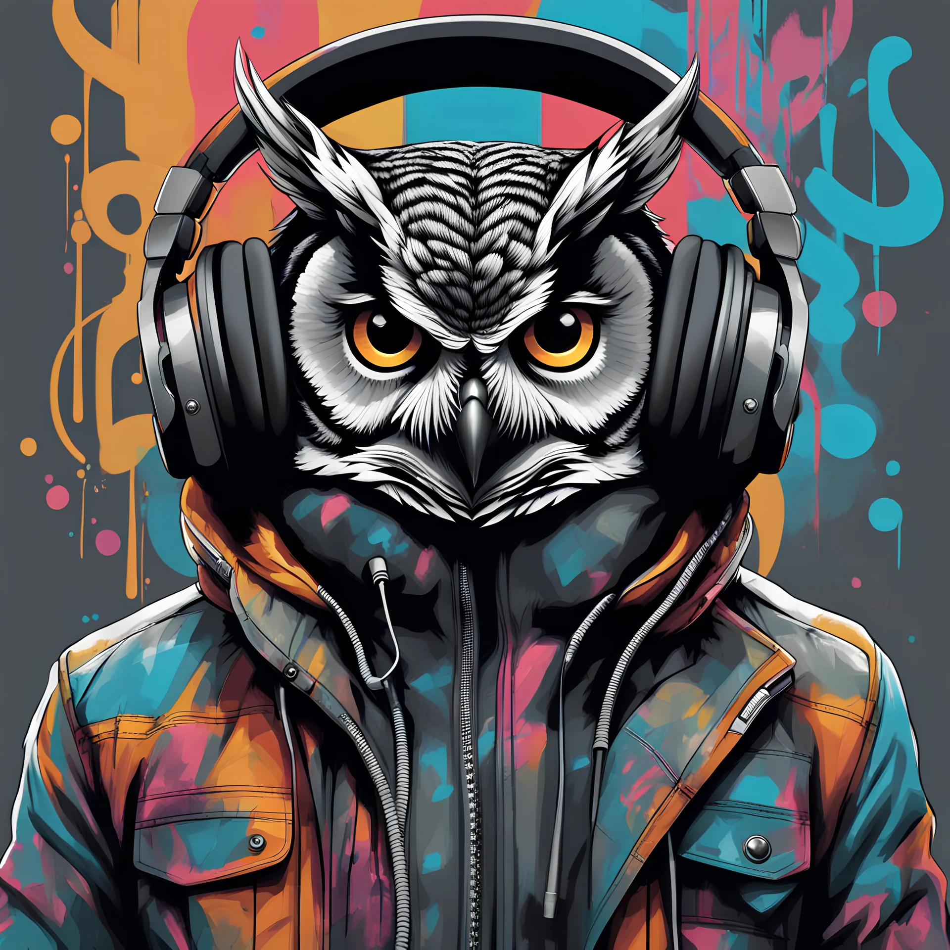 Illustrative sketch of a humanoid owl in music with headphones, full body, ultra quality, hyper detailed, graffiti, concept art, maximalism, 8k