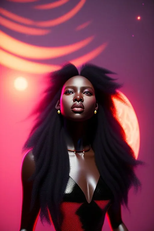 A portrait of a beautiful youthful black woman, with long black flowing hair, wearing a black skintight dress with a red scarf, wizard, magical, ethereal, Warm bright lighting. Concept art by wlop. Ultra quality 8k.