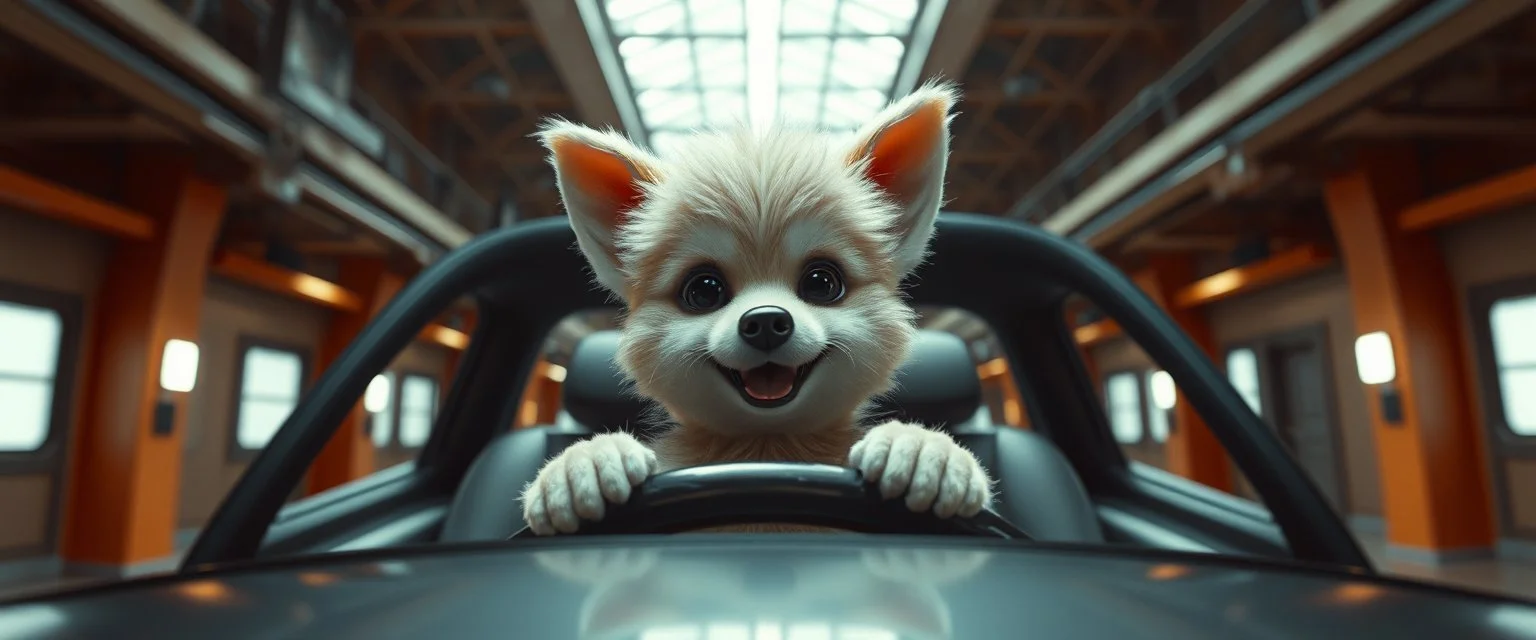 car driving happy 2d fluffy elf dog in the style of Escher and Giger and Fallout 4, pinhole cam, airbrush 3d rendering, on tv screen:A five-second cinematic single take in a clean industrial presentation hall.