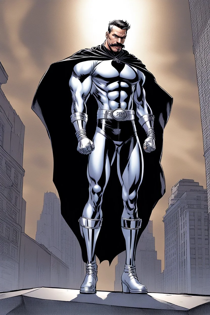 an extremely muscular superhero man wearing a black, skintight, formfitting cowl, a black, skintight, formfitting, Kevlar bodysuit, Silver Wrist Gauntlets, Silver Belt, Silver knee-high boots, black gloves, silver "M" logo on the chest, a mustache and goatee, black gloves,