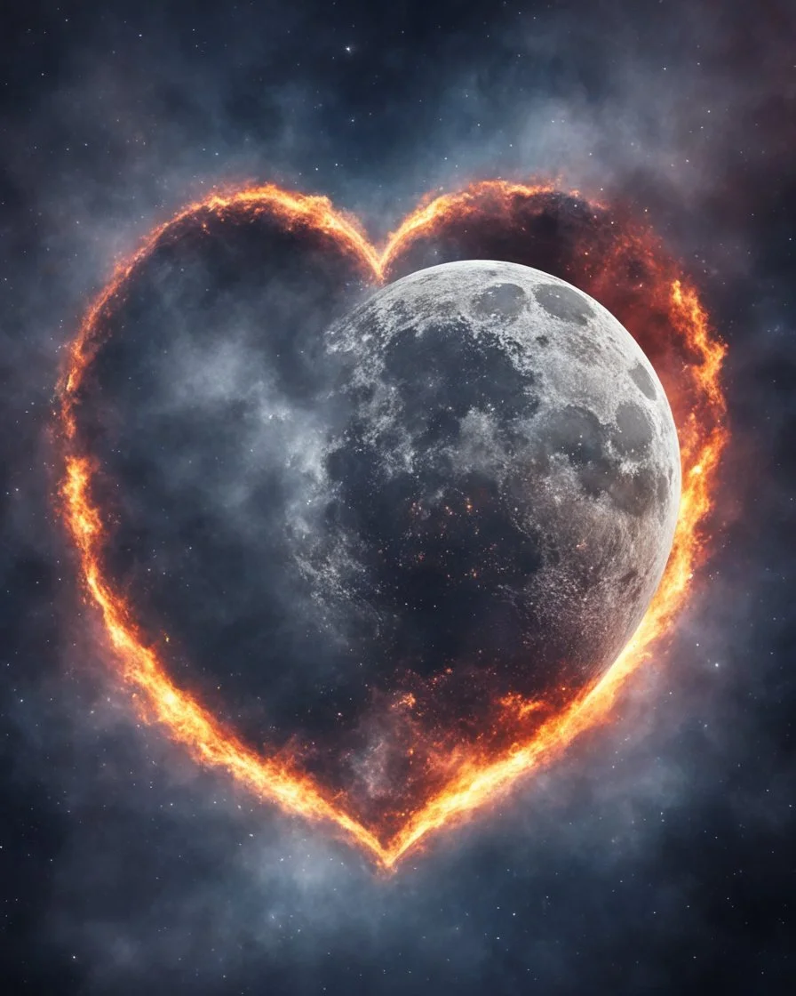 Moon in shape of realisitic heart, biological heart, cinematic, {abstract}, depression, space background, atmospheric, fire, DLSR, soft focus, dispersion