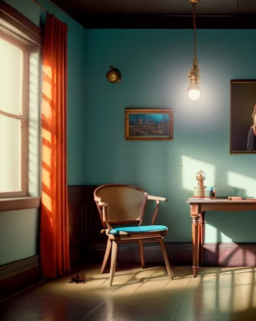 Room scene with sit woman, Wes Anderson style, realistic photo, concept art, smooth, unreal engine 5, god lights, ray tracing, RTX, lumen lighting, ultra detail, volumetric lighting, 3d.