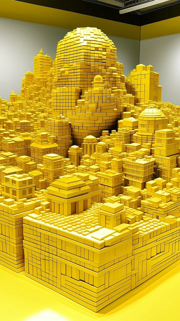 A golden yellow city made out of blocks painted by Qiu Ying