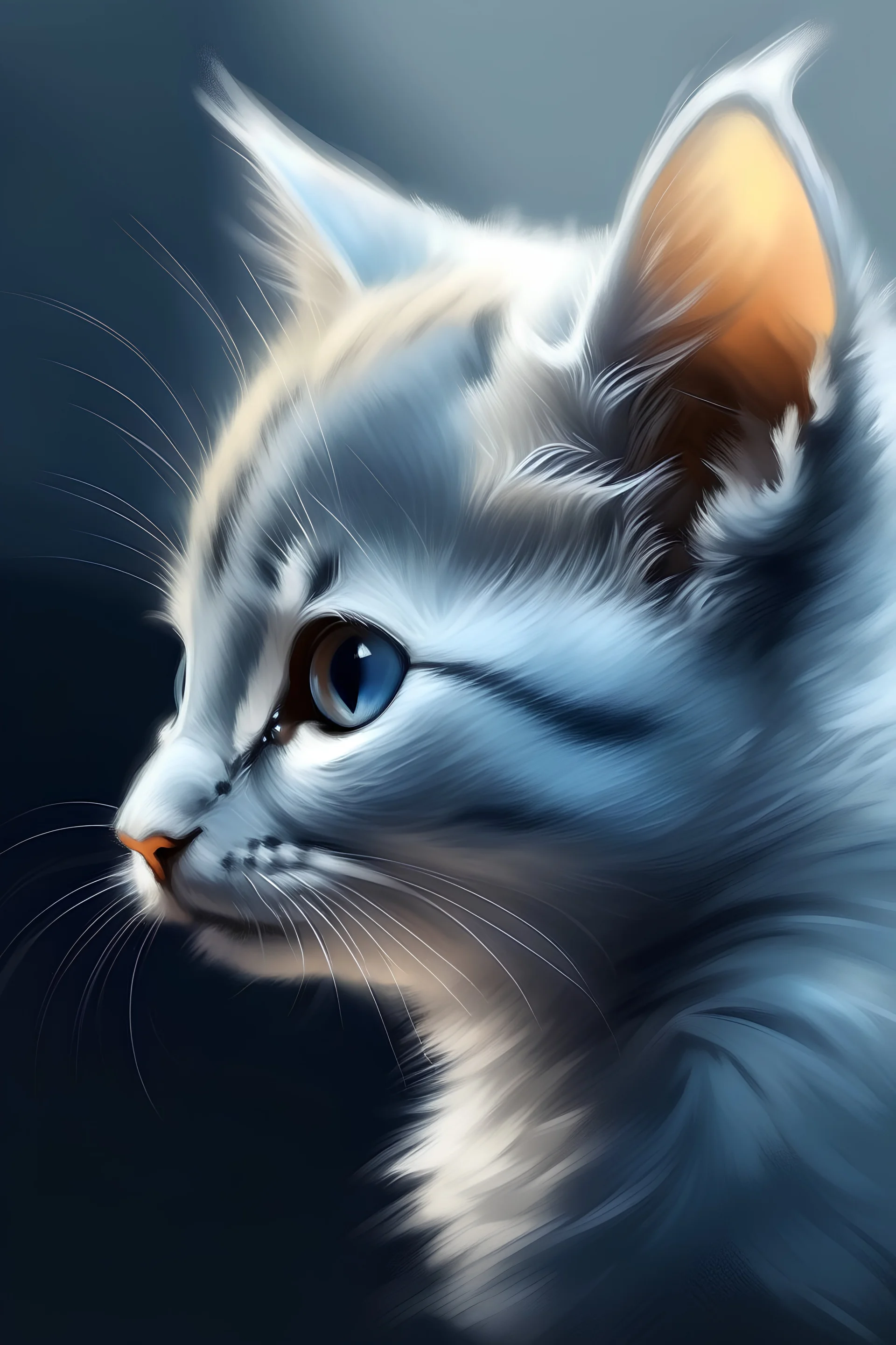 An illustration of grey kitten with bright blue eyes in a style of watercolor, profile view, golden hour, , realistic, high resolution, volumetric, chiaroscuro