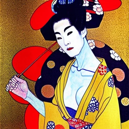 Retrato de cuerpo entero una Geisha Bella voluptuosa con kimono con el estilo de Gustav Klimt