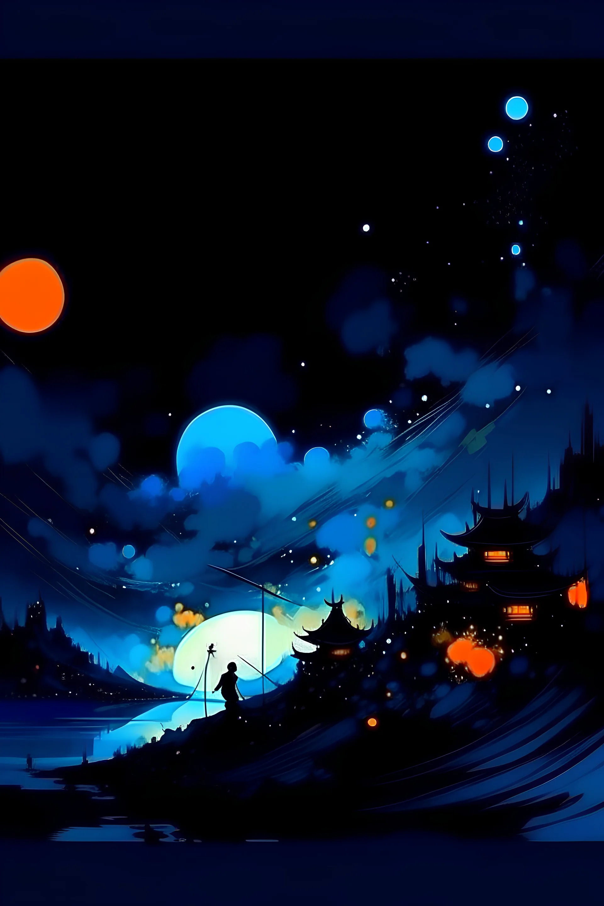 an abstract painting,retro , NFT, HD, chinese brush painting, blacklight, baddie, night sky background at night, moonlight, clean sky with only one star, akihiko yoshida,inspired by benoit mandelbrot and brian kesinger, design by cai guo qiang and have fire and play gitare