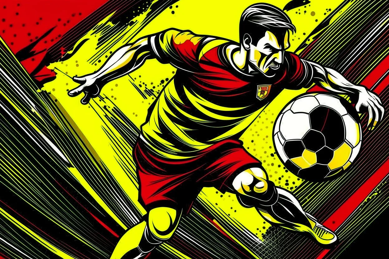 Classic [soccer player with a ball] bursting through the screen, thick black outlines, comic book aesthetic, dark [yelow and red] background infusing towards the edges, creating an illusion of motion, dramatic lighting, digital illustration, ultra vibrant colors